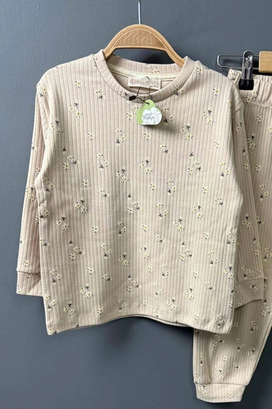 Kız Çocuk Üzeri Papatya Desenli Fitilli Krem Pijama Takımı - Resim 2