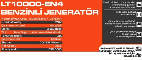 LUTIAN LT10000 EN-4 8.3 Kw Benzinli Marşlı Jeneratör - Resim 2