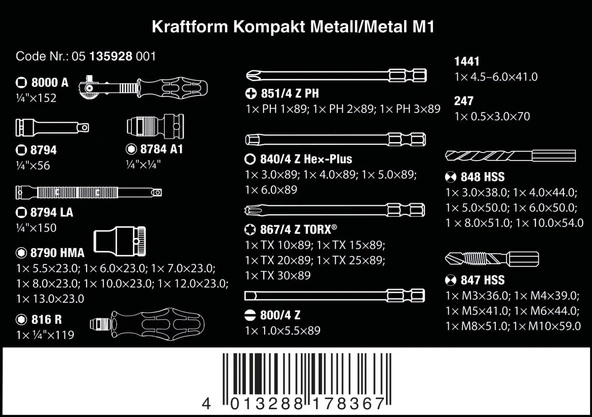 WERA Kraftform Kompakt M1 Metal İşleri İçin Bits Uç Seti (05135928001) - Resim 2