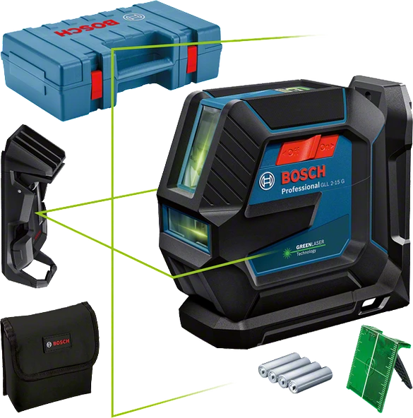 BOSCH GLL 2-15 G Çapraz Çizgili Yeşil Lazer Terazi Plastik Çantalı - 1