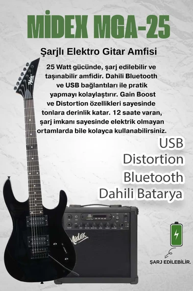 Midex Crade-25AMP Black Rosewood Super Strat Kasa HH Yüksek Kaliteli 25W Amfili Elektro Gitar Seti - Resim 2
