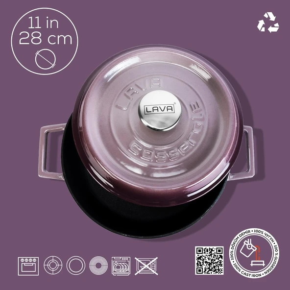 Lava Döküm Çok Amaçlı Yayvan Tencere Trendy Serisi Mor 28 Cm - Resim 5