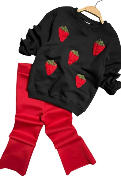Kız Çocuk Üzeri Çilek Figürlü 3 İplik Kazak Bol Kesim Skuba Kumaş Kırmızı Alt Üst Takım - 6