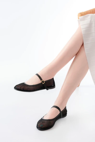 6325 Siyah Fileli Baret Toka Detaylı Günlük Kadın Babet ürün görseli