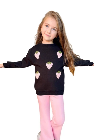 Kız Çocuk Üzeri Çilek Figürlü 3 İplik Kazak Bol Kesim Skuba Kumaş Pembe Alt Üst Takım - 12