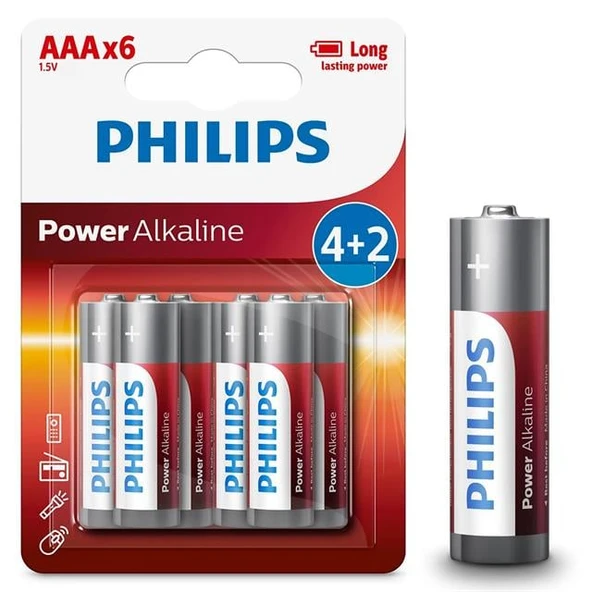 Philips LR03P6BP/10 LR03 Micro 1.5 Volt 4+2 Power Alkaline AAA İnce Kalem Pil (6'Lı Paket) - 1