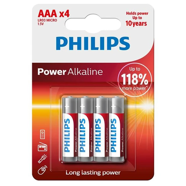 Philips Power Alkaline AAA LR03 1.5V İnce Kalem Pil 4'Lü Paket (LR03P4B/10) ürün görseli 1