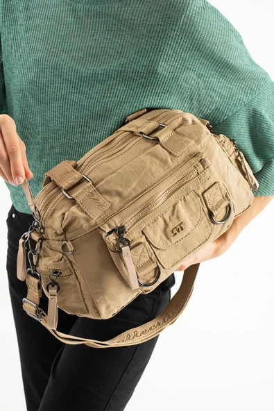 Yumuşak Dokulu Ultra Hafif, Esnek ve Su Geçirmez Polyamid Kumaş Omuz ve Kol Çantası Vizon Model: (571-13-14K) - Resim 2