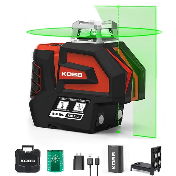 KOBB KBL32G Profesyonel Li-ion Yatay 360° ve Dikey Otomatik Hizalamalı Yeşil Nokta Şakül ve Yeşil Çapraz Çizgi Lazer ürün görseli