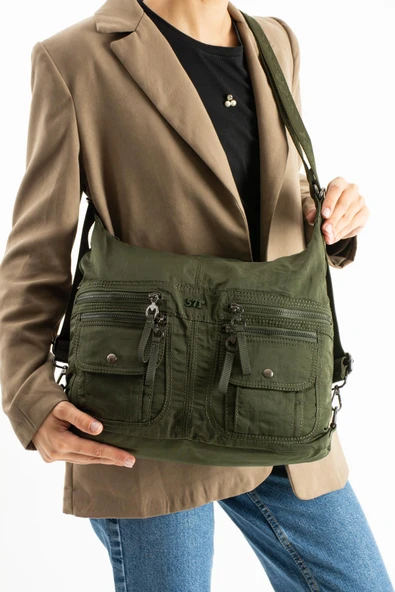 Yumuşak Dokulu Ultra Hafif, Esnek ve Su Geçirmez Polyamid Kumaş Omuz ve Sırt Çantası Haki Model: (571-13-14J) ürün görseli 1