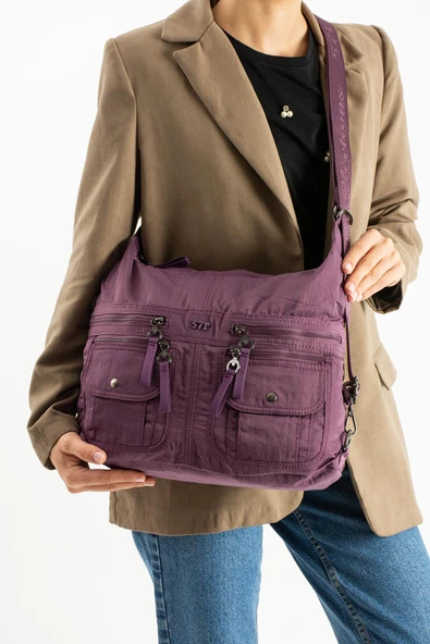 Yumuşak Dokulu Ultra Hafif, Esnek ve Su Geçirmez Polyamid Kumaş Omuz ve Sırt Çantası Mor Model: (571-13-14J) ürün görseli 1