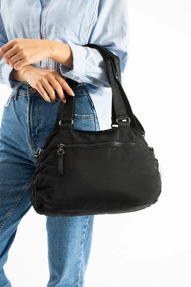 Yumuşak Dokulu Ultra Hafif, Esnek ve Su Geçirmez Polyamid Kumaş Omuz ve Kol Çantası Siyah Model: (571-13-14F) - Resim 3