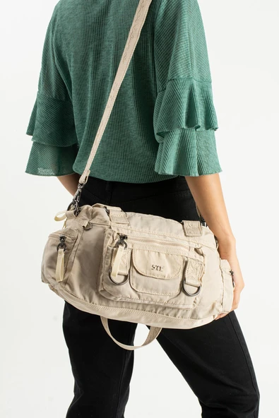 Yumuşak Dokulu Ultra Hafif, Esnek ve Su Geçirmez Polyamid Kumaş Omuz ve Kol Çantası Bej Model: (571-13-14K) ürün görseli 1