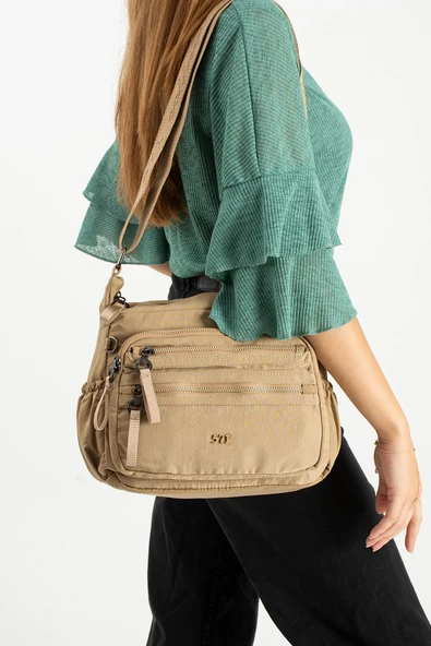 Yumuşak Dokulu Ultra Hafif, Esnek ve Su Geçirmez Polyamid Kumaş Omuz Çantası Vizon Model: (571-13-14D) ürün görseli 1