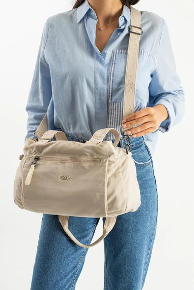 Yumuşak Dokulu Ultra Hafif, Esnek ve Su Geçirmez Polyamid Kumaş Omuz ve Kol Çantası Bej Model: (571-13-14F) - Resim 2