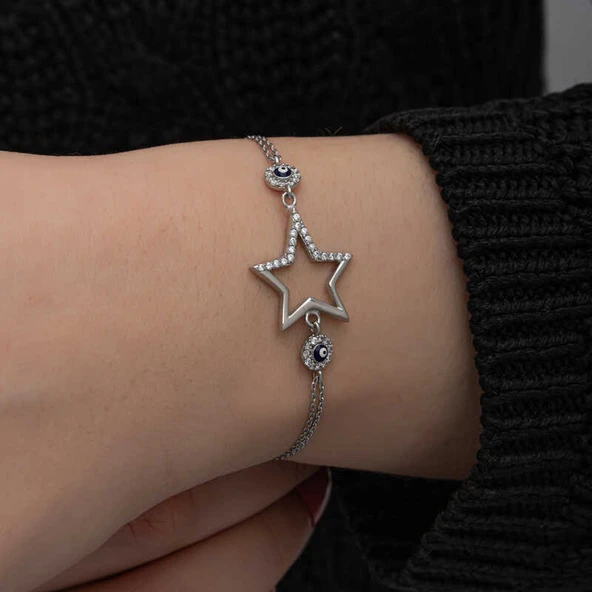 925 Ayar Gümüş Yıldız Nazarlı Kadın Bileklik - Resim 4