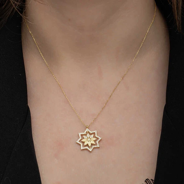 Gümüş Gold Kar Tanesi Kadın Kolye - Resim 3