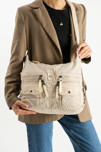 Yumuşak Dokulu Ultra Hafif, Esnek ve Su Geçirmez Polyamid Kumaş Omuz ve Sırt Çantası Bej Model: (571-13-14J) ürün görseli 1