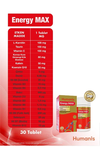 Humanis Energy Max Vitamin & Mineral 30 Tablet Enerji - Resim 6