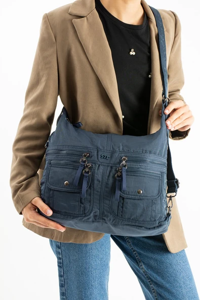 Yumuşak Dokulu Ultra Hafif, Esnek ve Su Geçirmez Polyamid Kumaş Omuz ve Sırt Çantası Lacivert Model: (571-13-14J) ürün görseli 1