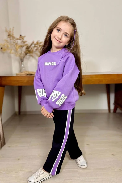 Kız Çocuk Kollarında ve Göğsünde Girl Yazı Detaylı Lila Sweat Şerit Detaylı Eşofman Takım ürün görseli
