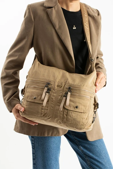 Yumuşak Dokulu Ultra Hafif, Esnek ve Su Geçirmez Polyamid Kumaş Omuz ve Sırt Çantası Haki Model: (571-13-14J) ürün görseli 1