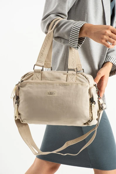 Yumuşak Dokulu Ultra Hafif, Esnek ve Su Geçirmez Polyamid Kumaş Omuz ve Kol Çantası Bej Model: (571-13-14G) - Resim 2