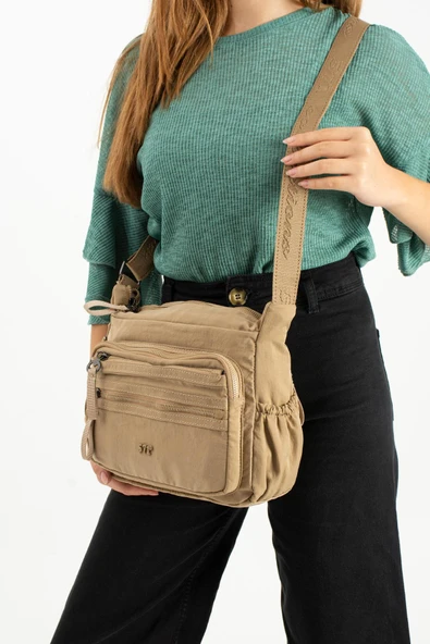 Yumuşak Dokulu Ultra Hafif, Esnek ve Su Geçirmez Polyamid Kumaş Omuz Çantası Vizon Model: (571-13-14D) - Resim 2