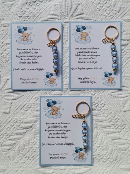 100 Adet İsme Özel Tasarım Mavi Anahtarlık Hastane Yeni Doğan 40 Mevlidi Dağıtmalık Hediyelik - Resim 3