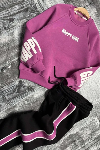 Kız Çocuk Kollarında ve Göğsünde Girl Yazı Detaylı Mor Sweat Şerit Detaylı Eşofman Takım - Resim 3