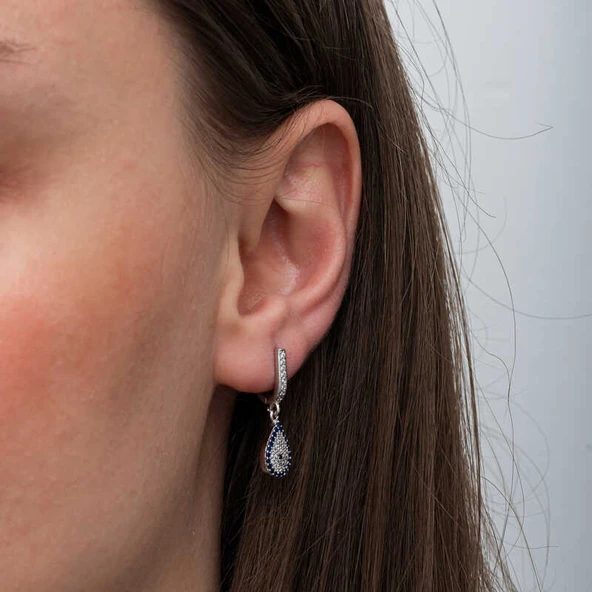 Gümüş Sallantılı Damla Nazar Kadın Küpe - Resim 5