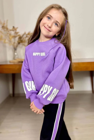 Kız Çocuk Kollarında ve Göğsünde Girl Yazı Detaylı Lila Sweat Şerit Detaylı Eşofman Takım - Resim 2