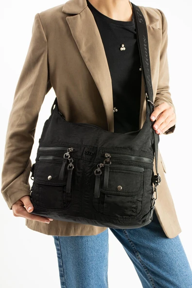 Yumuşak Dokulu Ultra Hafif, Esnek ve Su Geçirmez Polyamid Kumaş Omuz ve Sırt Çantası Siyah Model: (571-13-14J) ürün görseli 1