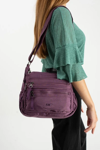 Yumuşak Dokulu Ultra Hafif, Esnek ve Su Geçirmez Polyamid Kumaş Omuz Çantası Mor Model: (571-13-14D) - Resim 2