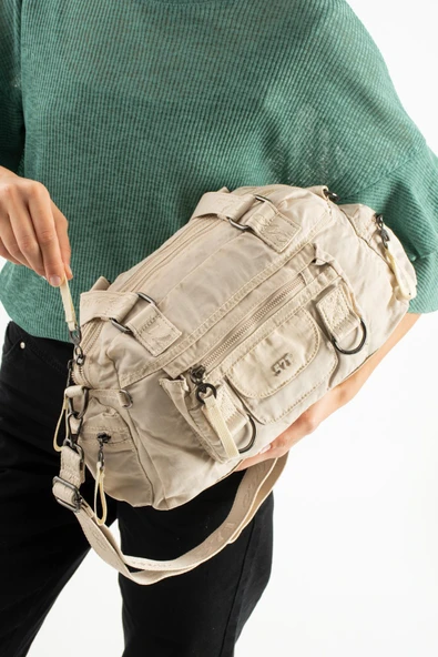 Yumuşak Dokulu Ultra Hafif, Esnek ve Su Geçirmez Polyamid Kumaş Omuz ve Kol Çantası Bej Model: (571-13-14K) - Resim 2