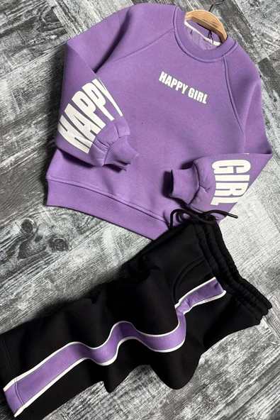 Kız Çocuk Kollarında ve Göğsünde Girl Yazı Detaylı Lila Sweat Şerit Detaylı Eşofman Takım - Resim 3