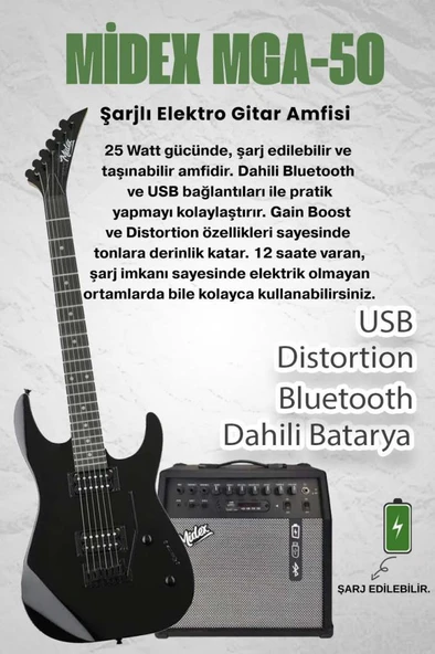 Midex Crade-50AMP Black Rosewood Super Strat Kasa HH Yüksek Kaliteli 50W Amfili Elektro Gitar Seti - 2