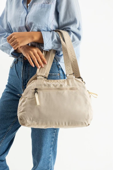 Yumuşak Dokulu Ultra Hafif, Esnek ve Su Geçirmez Polyamid Kumaş Omuz ve Kol Çantası Bej Model: (571-13-14F) - Resim 3