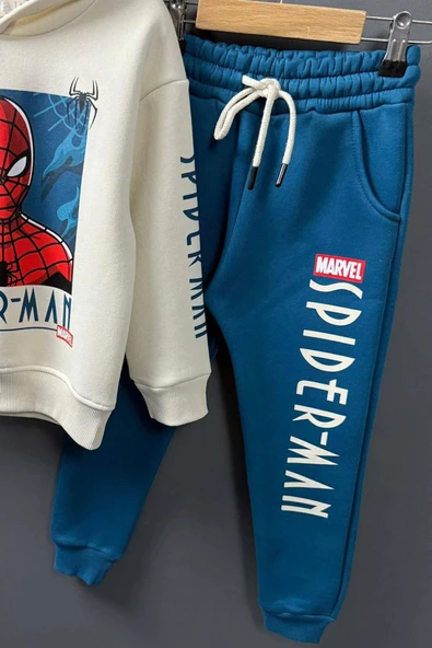 Erkek Çocuk Örümcek Adam Digital Baskılı Kapşonlu Sweat Mavi Eşofman Takım - Resim 4