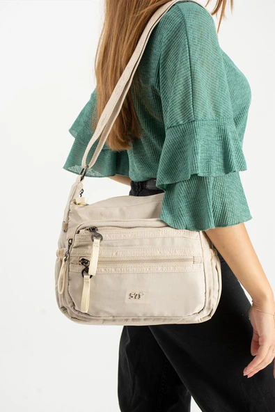 Yumuşak Dokulu Ultra Hafif, Esnek ve Su Geçirmez Polyamid Kumaş Omuz Çantası Bej Model: (571-13-14D) ürün görseli 1