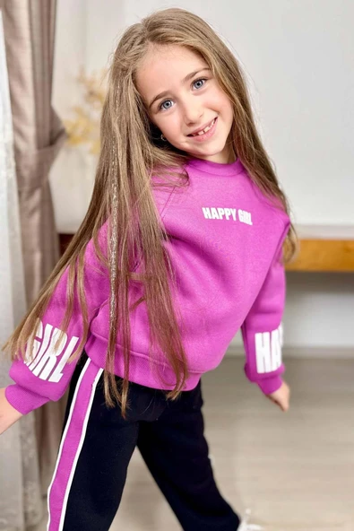 Kız Çocuk Kollarında ve Göğsünde Girl Yazı Detaylı Mor Sweat Şerit Detaylı Eşofman Takım - Resim 2