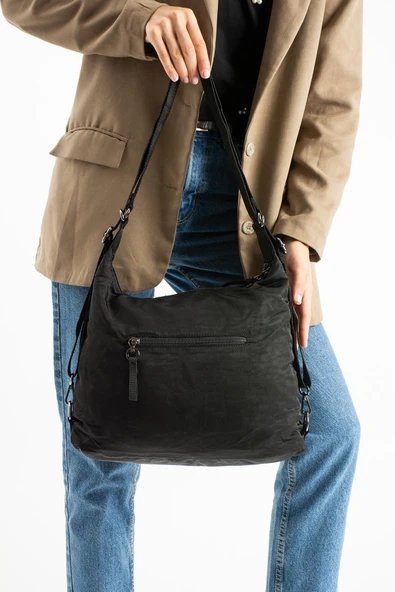 Yumuşak Dokulu Ultra Hafif, Esnek ve Su Geçirmez Polyamid Kumaş Omuz ve Sırt Çantası Siyah Model: (571-13-14J) - Resim 3