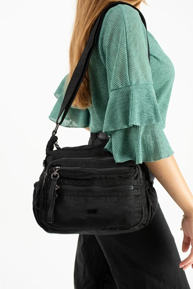 Yumuşak Dokulu Ultra Hafif, Esnek ve Su Geçirmez Polyamid Kumaş Omuz Çantası Siyah Model: (571-13-14D) ürün görseli 1