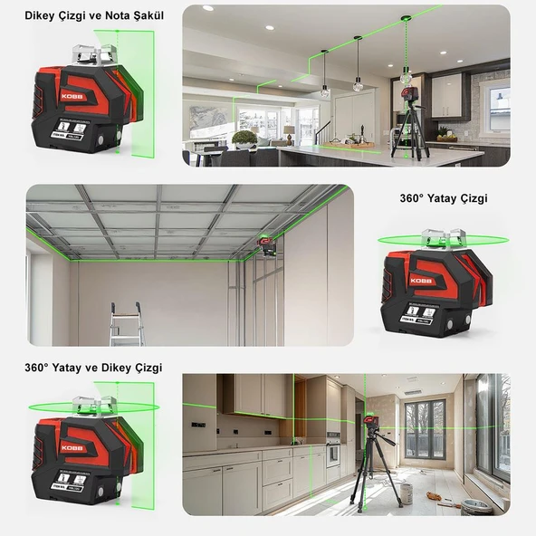 KOBB KBL32G Profesyonel Li-ion Yatay 360° ve Dikey Otomatik Hizalamalı Yeşil Nokta Şakül ve Yeşil Çapraz Çizgi Lazer - Resim 4