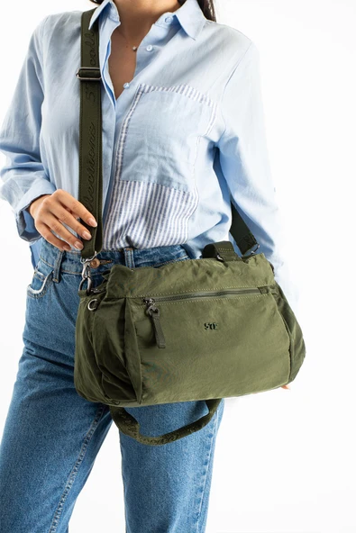 Yumuşak Dokulu Ultra Hafif, Esnek ve Su Geçirmez Polyamid Kumaş Omuz ve Kol Çantası Koyu Yeşil Model: (571-13-14F) - Resim 2