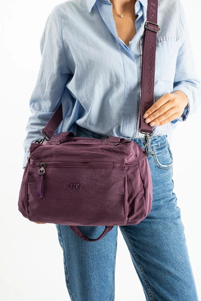 Yumuşak Dokulu Ultra Hafif, Esnek ve Su Geçirmez Polyamid Kumaş Omuz ve Kol Çantası Mor Model: (571-13-14F) - Resim 2