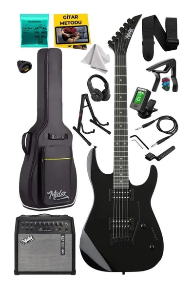 Midex Crade-50AMP Black Rosewood Super Strat Kasa HH Yüksek Kaliteli 50W Amfili Elektro Gitar Seti - 1