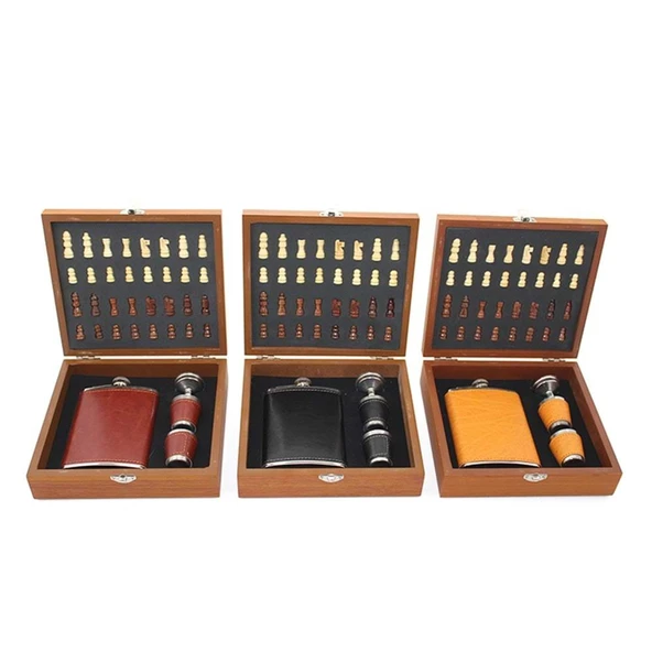 Ahşap Kutulu Satrançlı Matara Seti Derili - Resim 2