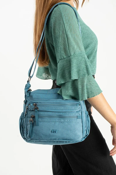 Yumuşak Dokulu Ultra Hafif, Esnek ve Su Geçirmez Polyamid Kumaş Omuz Çantası Mavi Model: (571-13-14D) - Resim 2