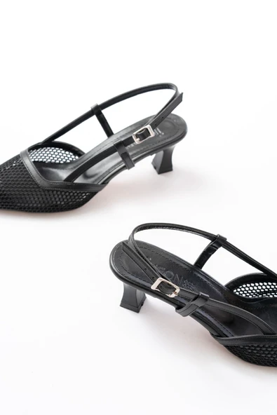 K-607 Siyah Günlük Fileli Arkası Açık 7 cm Topuklu Bayan Ayakkabı - Resim 5